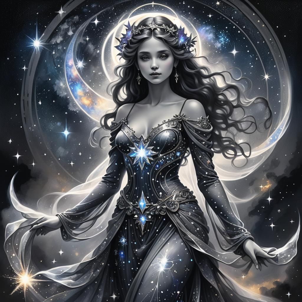 Gothic Celestial Goddess in Starry Night Portrait