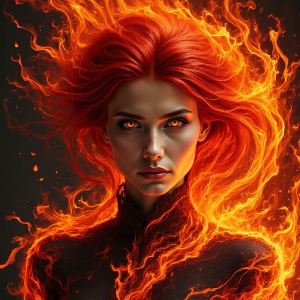 A fire elemental with flaming red hair that is a fire. impas...