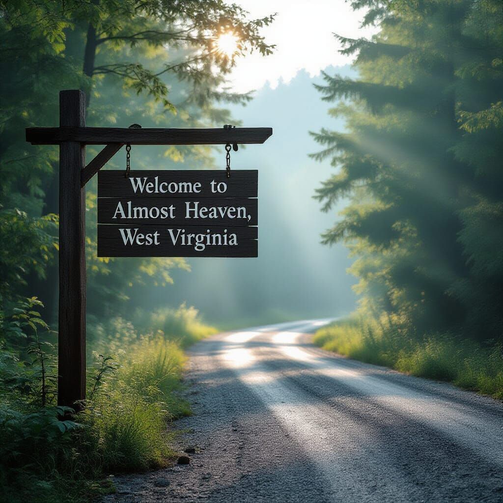 Rustic 'Welcome to Almost Heaven' Sign in Misty Morning Ligh...