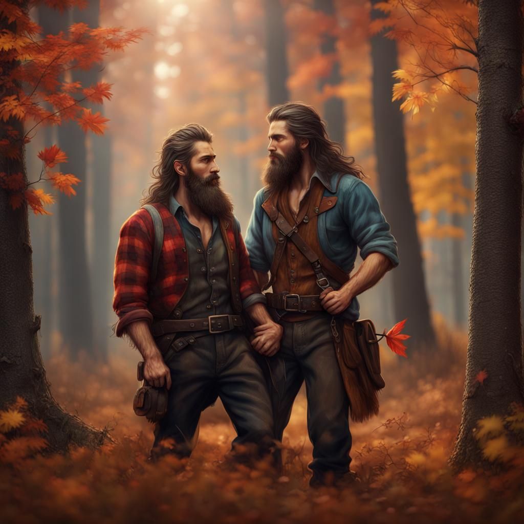 Lumberjacks Kissing in Fall Woods: Fantasy Concept Art
