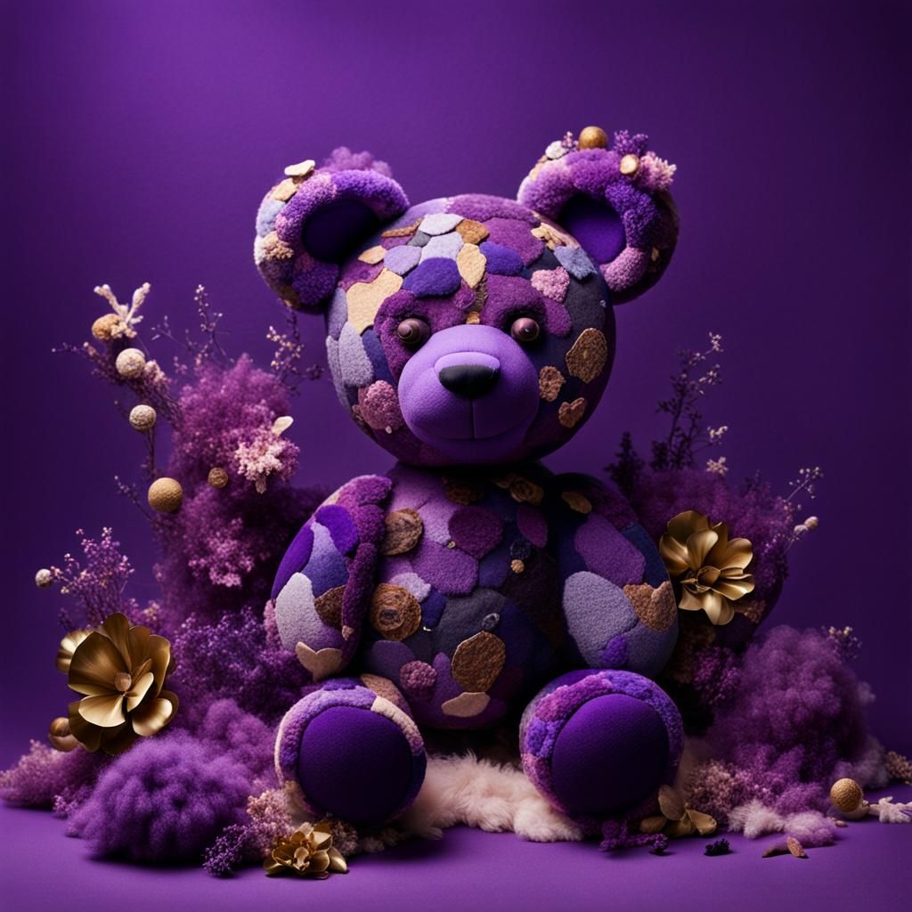 Happy Purple Teddy Bear Sculpture in Maximalist Style
