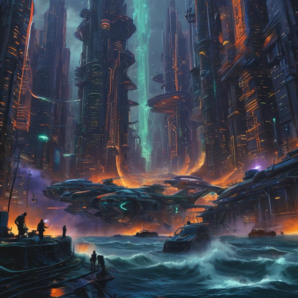 Liquid Code Wave Consumes Metropolis in Cyberpunk Style