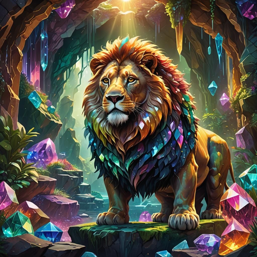 Vibrant Crystal Lion in Fantasy Cave Concept Art
