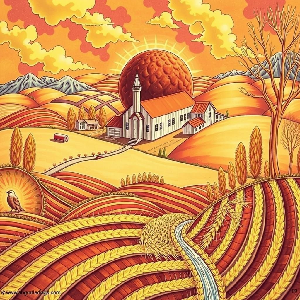 Golden Hour Landscape with Wheat Fields and Mountains