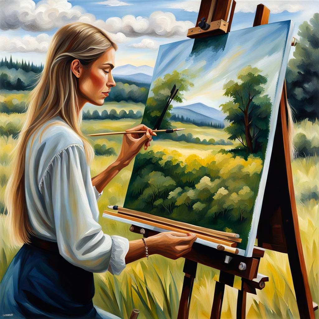 Eurasian Woman Painting in Meadow: Photorealistic Oil