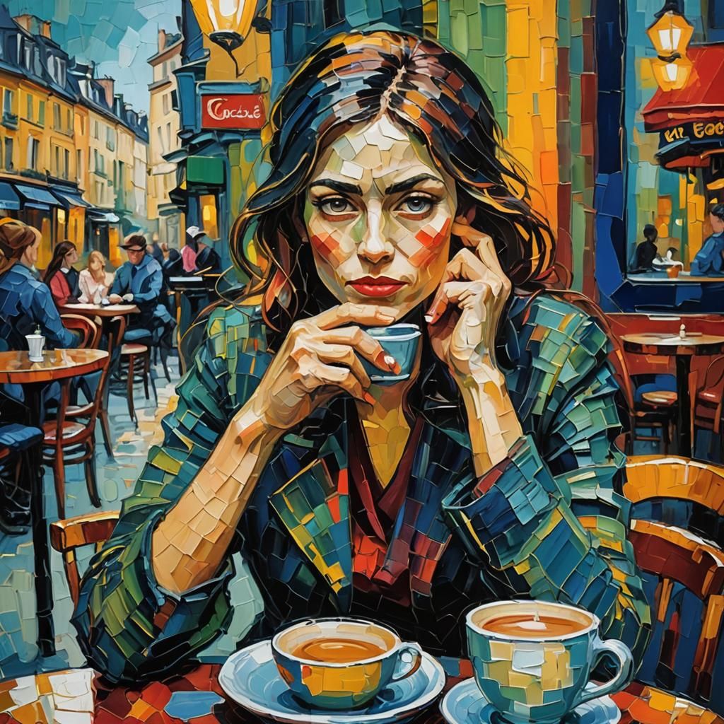 Parisian Cafe Portrait in Neo-Expressionist Style