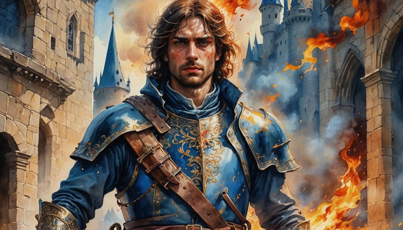 Medieval Prince in Burning Castle: Watercolor Style