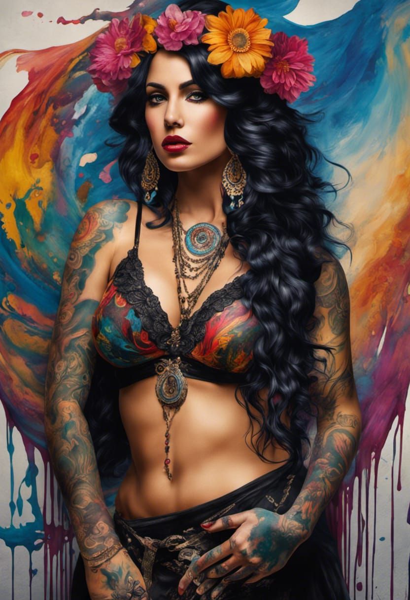 Tattooed Gypsy Woman in Modern Splash Art Style