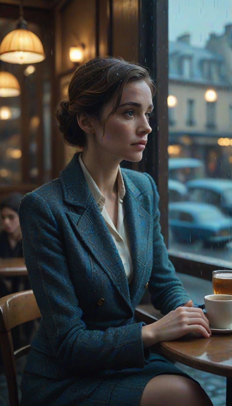 Solitary Woman in Parisian Cafe, Moody Film Still