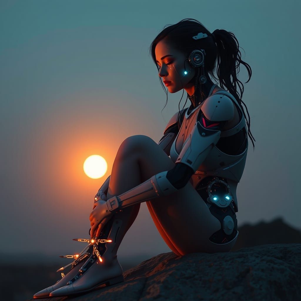 A Depressed Cyborg Woman in a Dystopian Evening Landscape