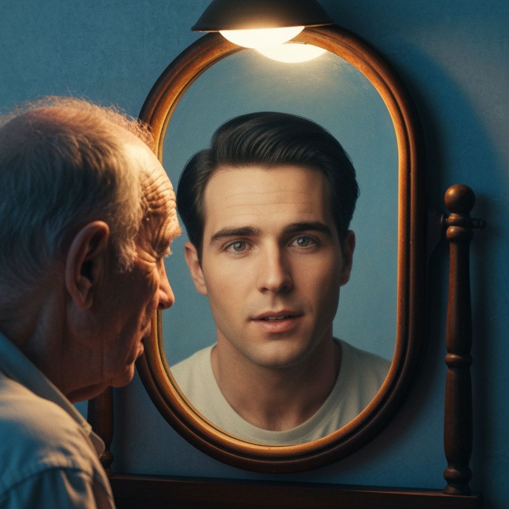 Elderly Man's Mirror Reflects Youthful Self