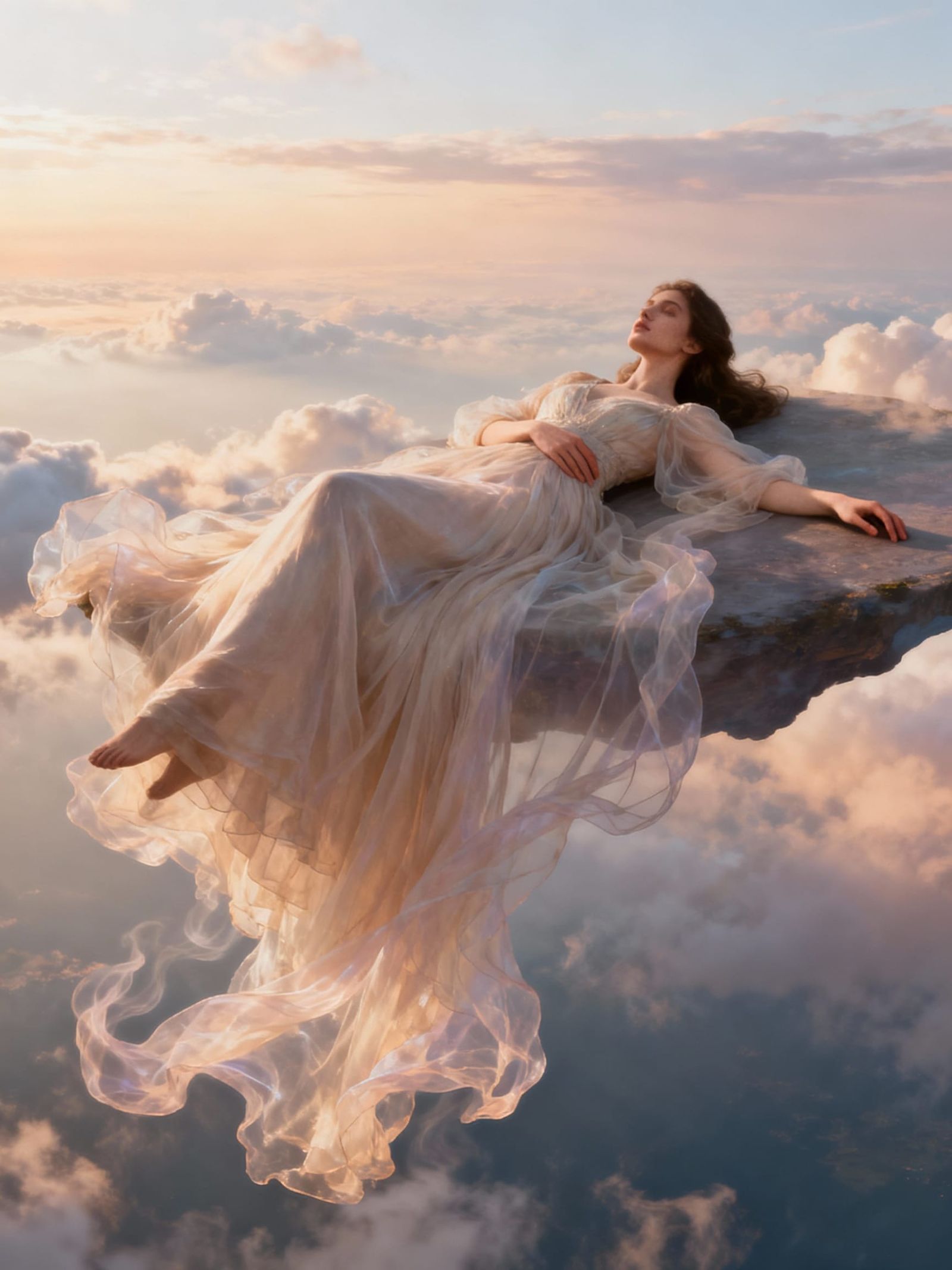 Beautiful Woman Floating Gracefully in Ethereal Sky
