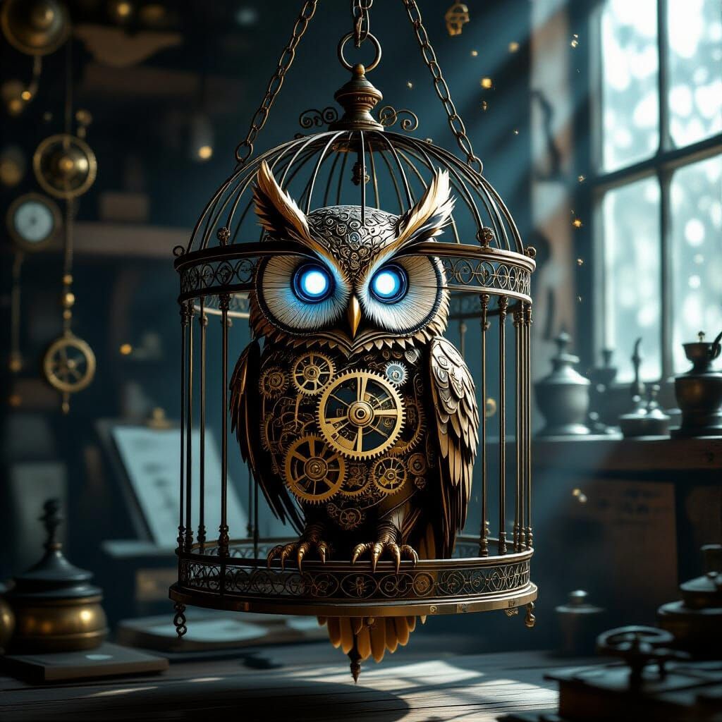 Mechanical Owl in Victorian Birdcage, Steampunk Art