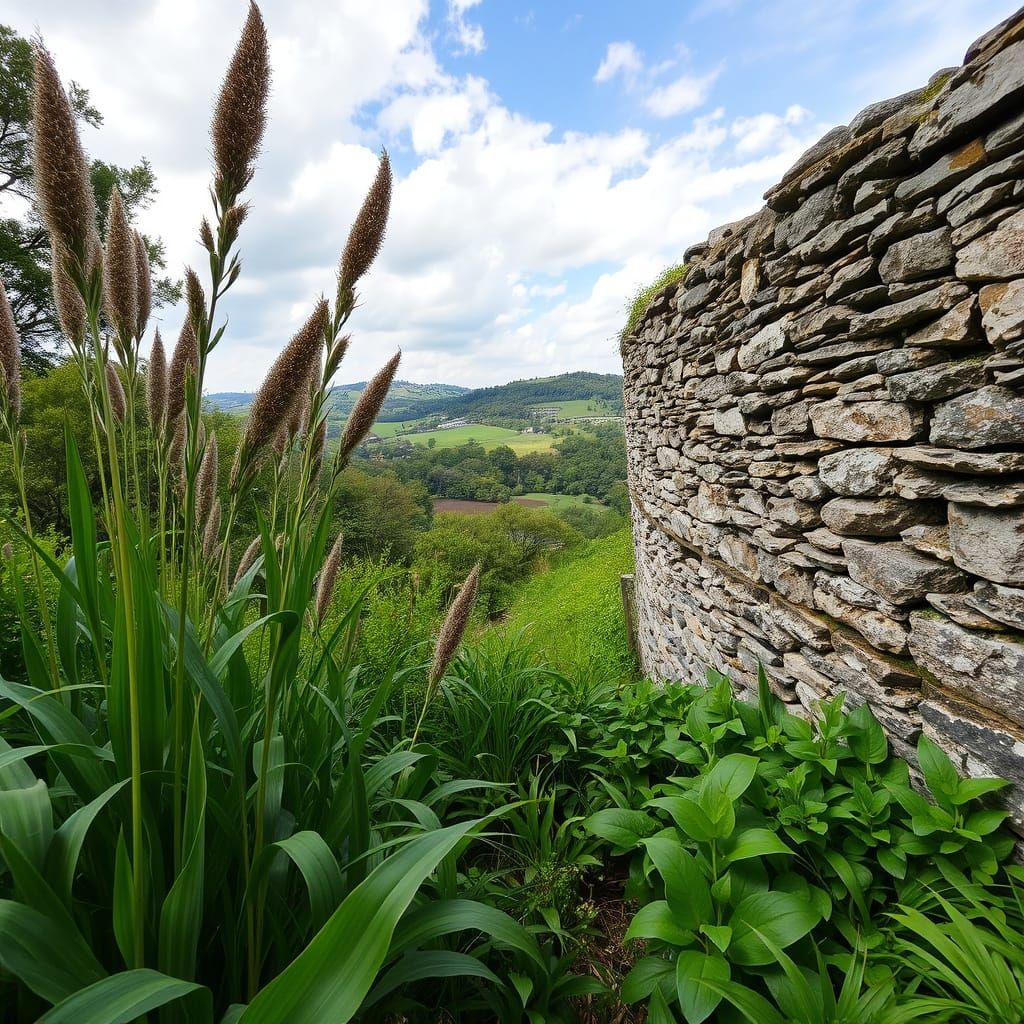 Vibrant Nature Scene with Verdant Greenery and Ancient Stone...