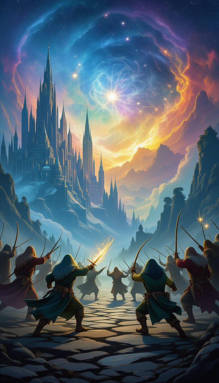 Elven Battle: Hobbits Face Orcs in Cosmic Landscape