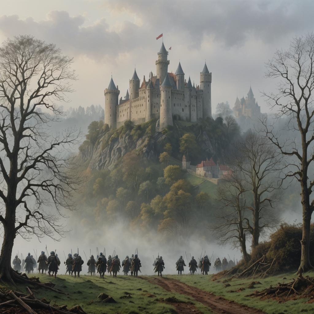 Medieval Army Emerges from Mist Near Castle