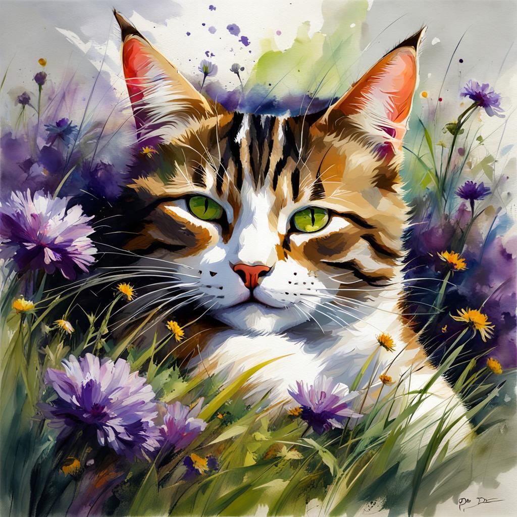 Tabby Cat Napping in Flower Meadow, Watercolor Style