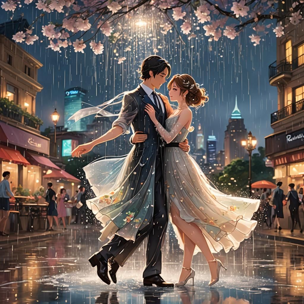 Anime Couple Dancing in Rainy Cityscape, Digital Art