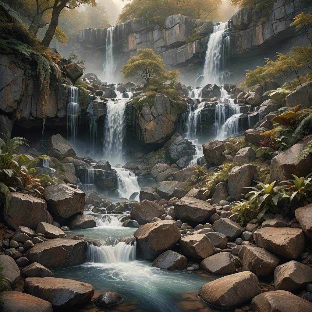 Serene Waterfall in Renaissance Style