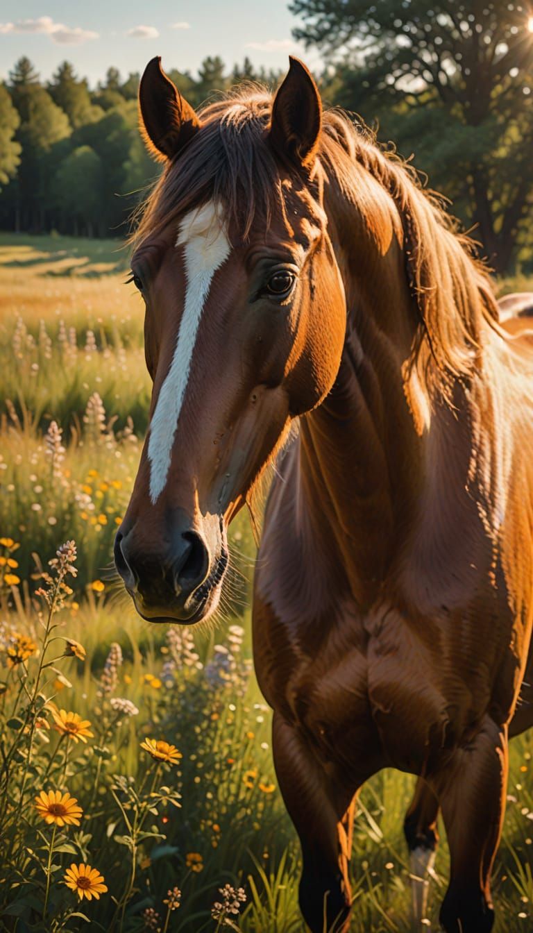 Majestic Horse in Sunlit Meadow Impressionistic Art
