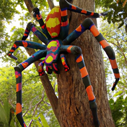 Hyperrealistic Giant Paper Mache Spider Climbing a Tree