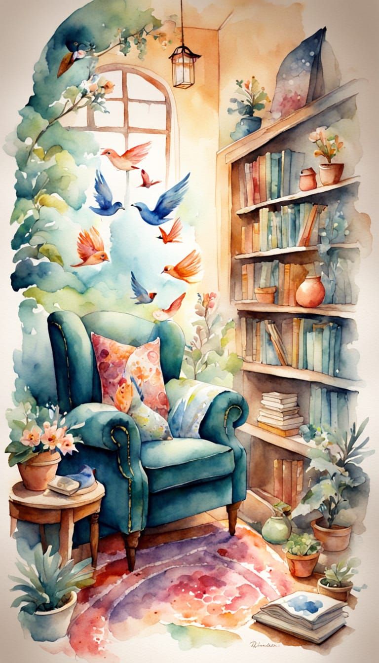 Whimsical Watercolour Painting of a Cosy Corner