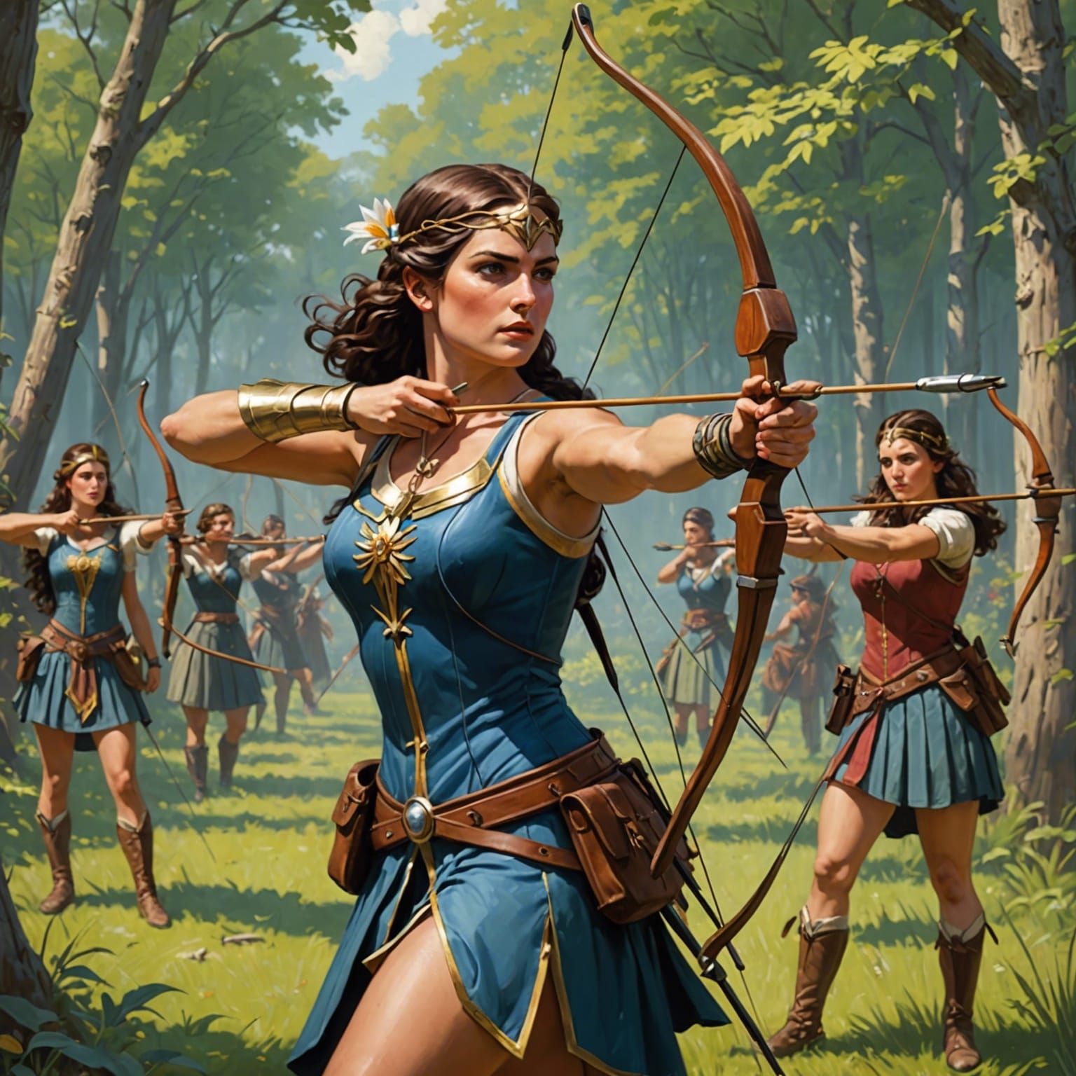 Amazon Women's Archery Contest in Vintage Illustration Style