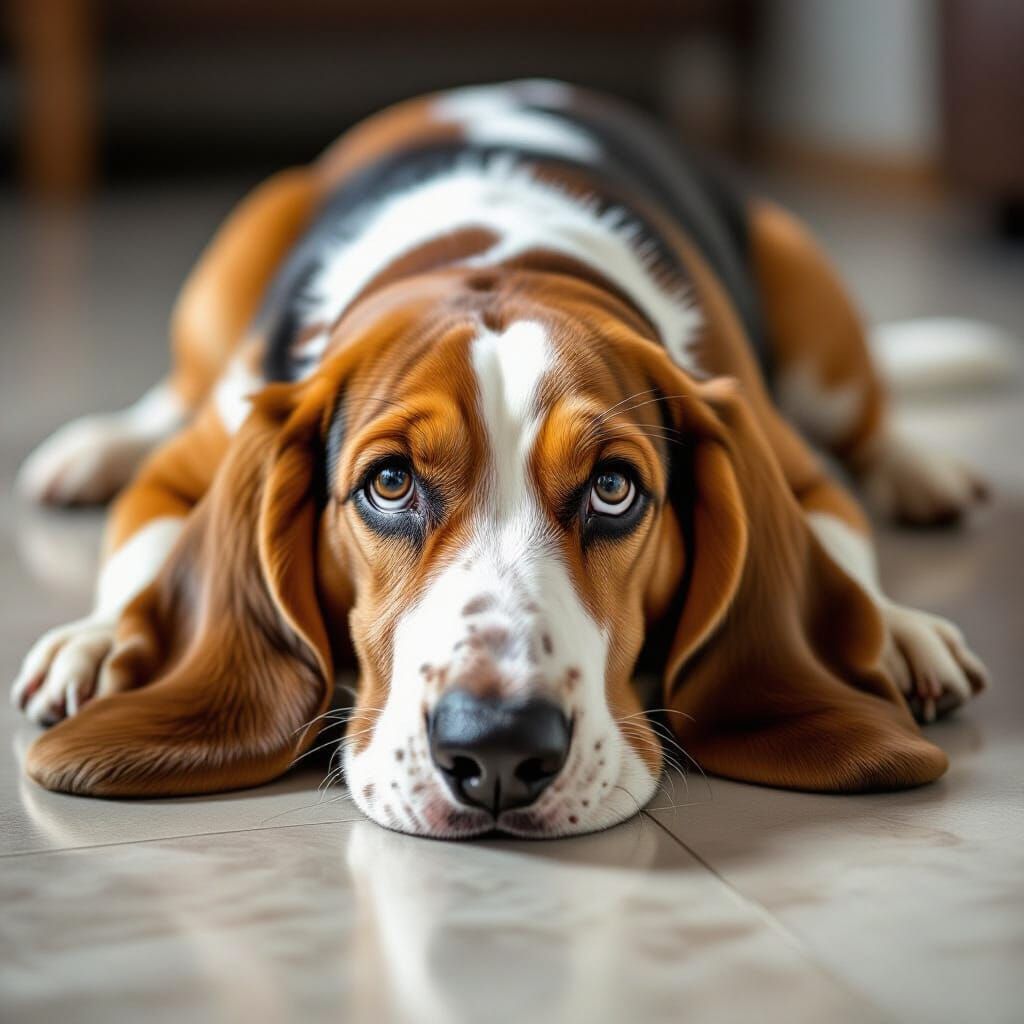 Sad Basset Hound Lies Down Looking Up