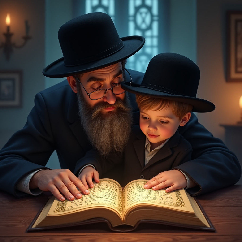 Orthodox Jewish Father and Son Reading, Fantasy Art