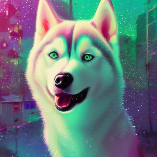 Luminous Crystals Surround Cute Husky Dog