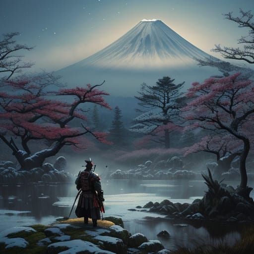 Majestic Samurai Warrior in a Serene Japanese Landscape
