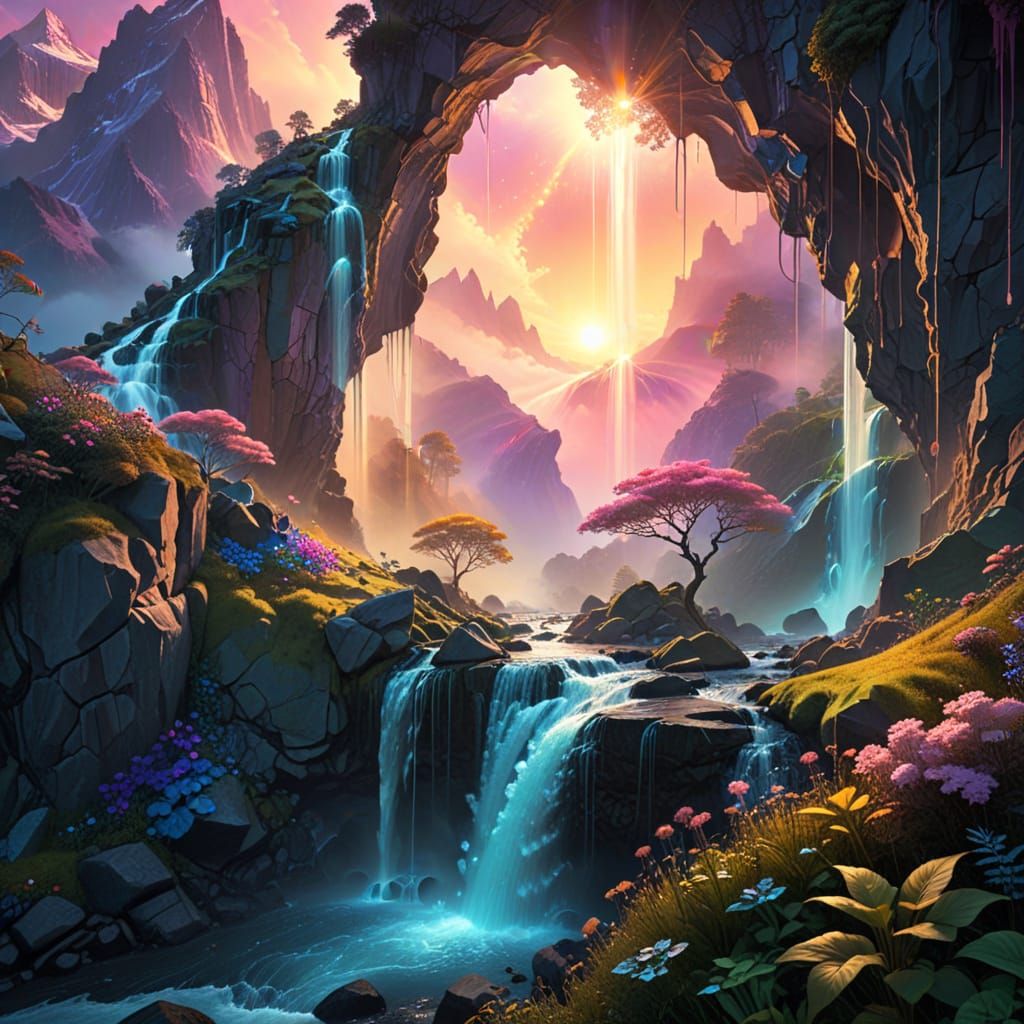 Whispering waterfalls unveil dreams in radiant hues