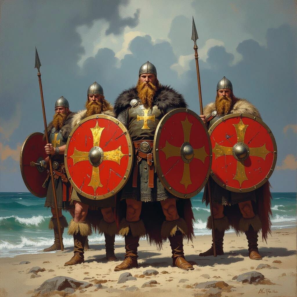 Viking Family on Normandy Shore in Historical Painting Style