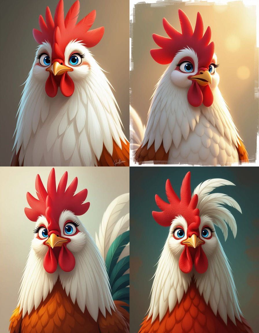 Semi-Realistic Anthropomorphic Rooster with Blue Eyes