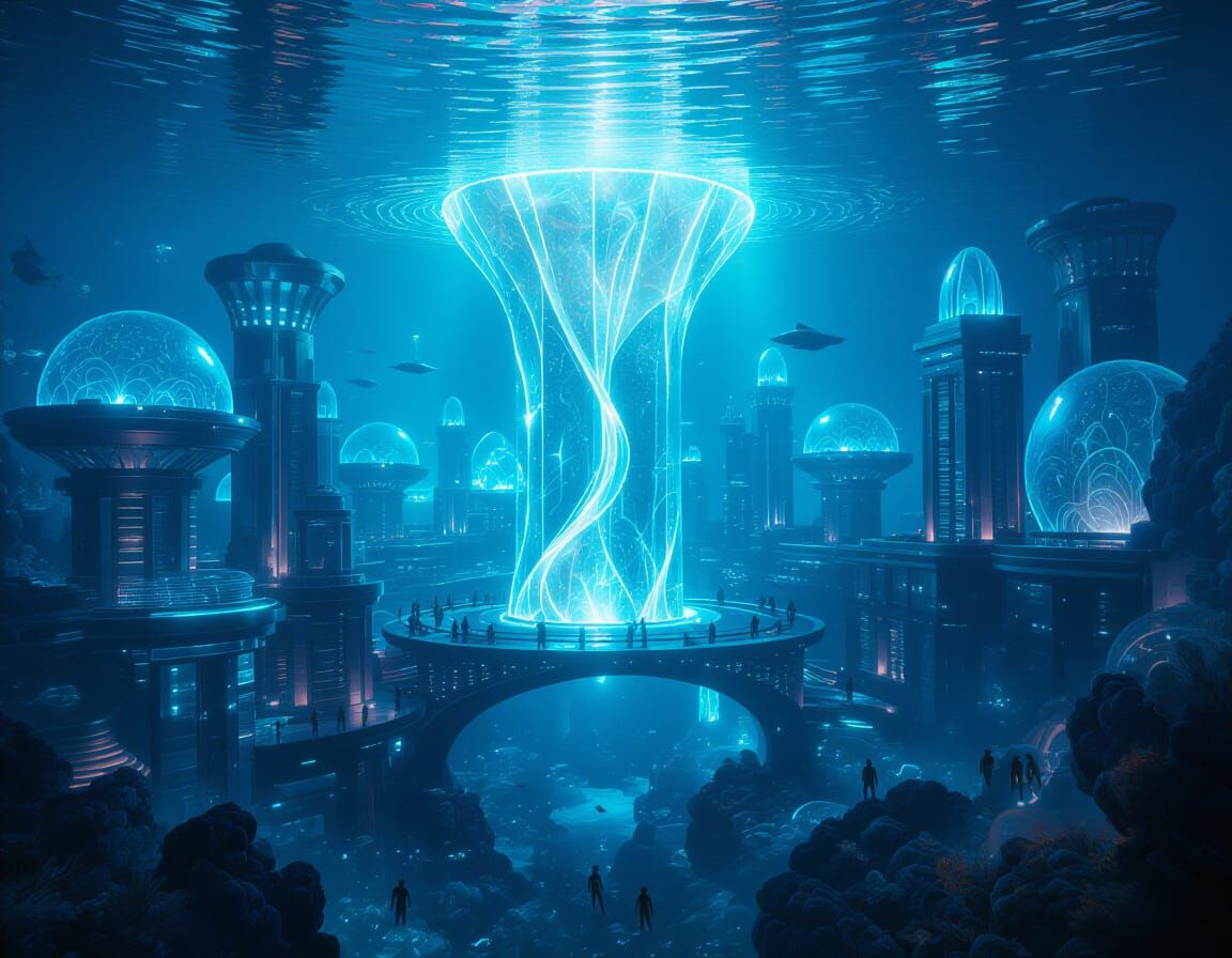 Bioluminescent Underwater City of Atlantis in 16K