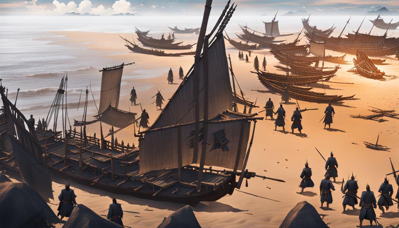 Samurai Warriors Clash on Beach Near Ship