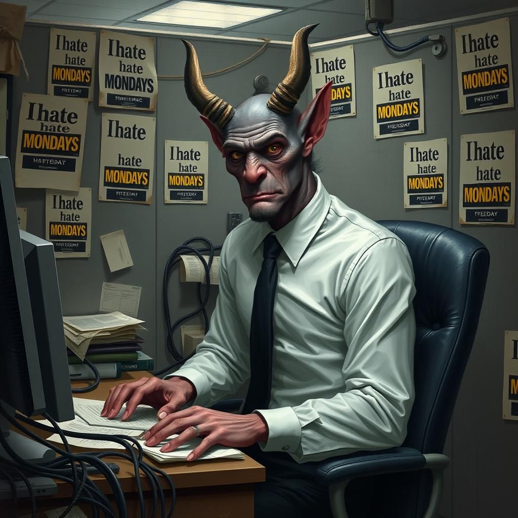 Tiefling Bureaucrat in Cubist Pop Art Office