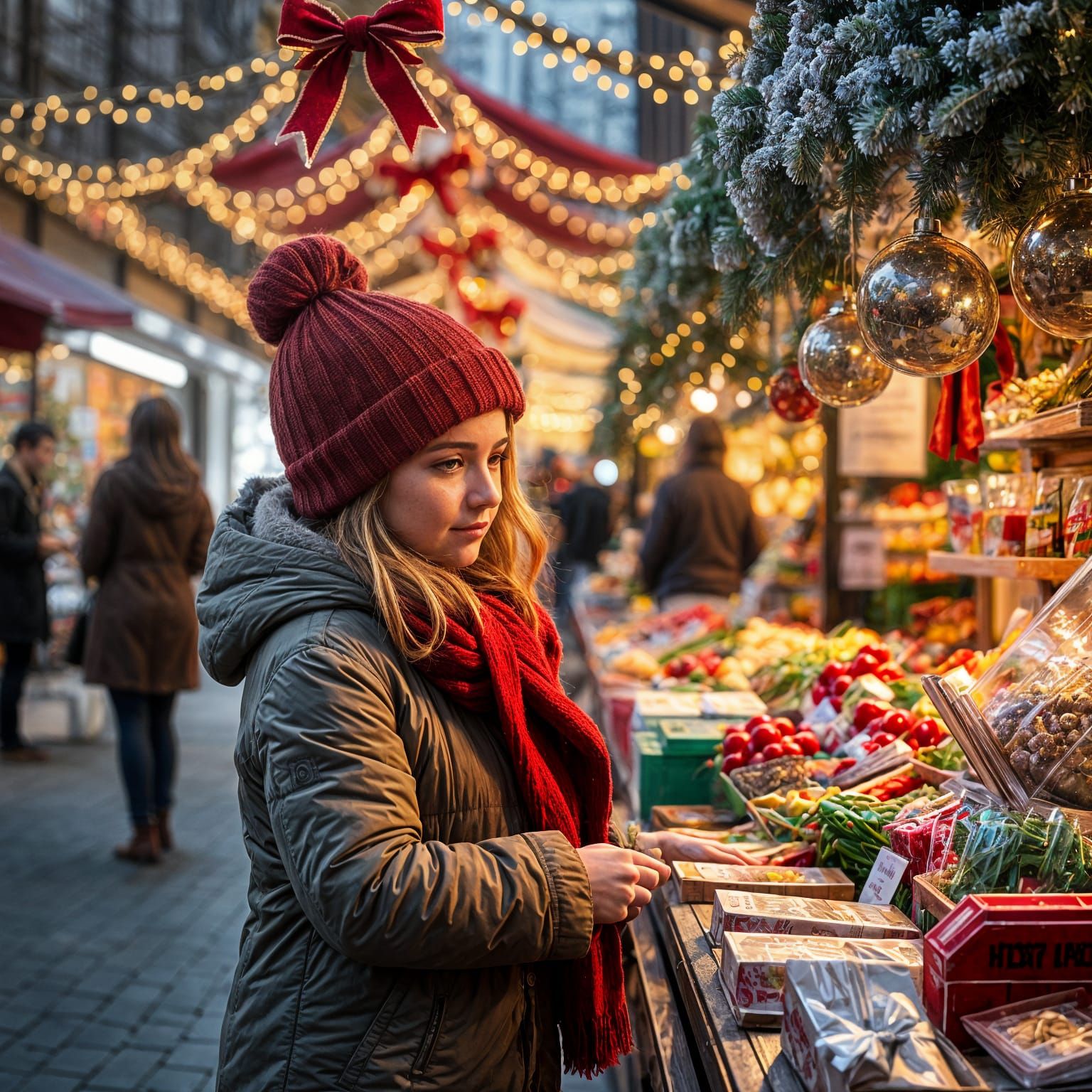 Joyful Christmas Market Scene with Girl in Festive Frenzy