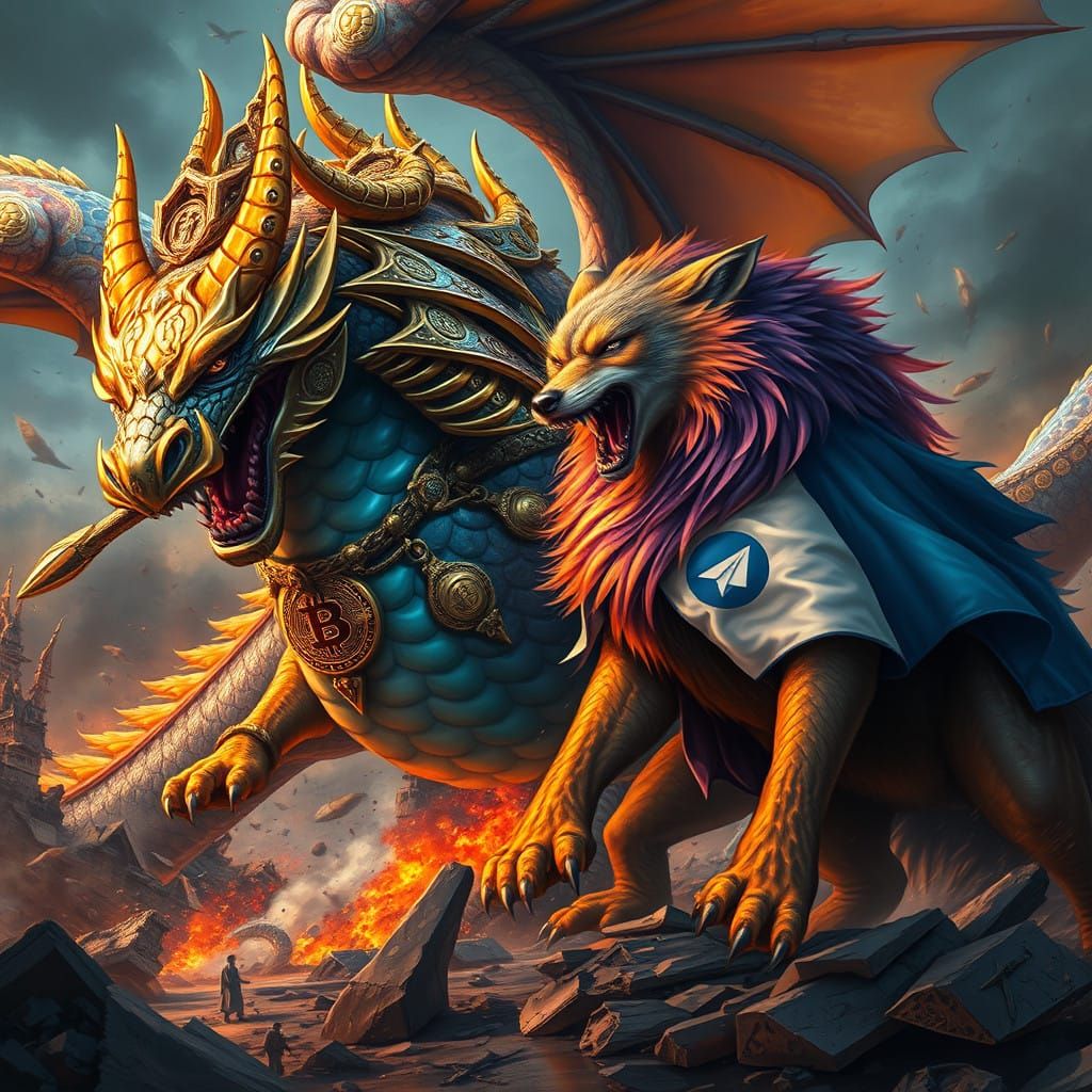 Dragon and Wolf Engage in Warlike Battle Amidst a Fantastica...