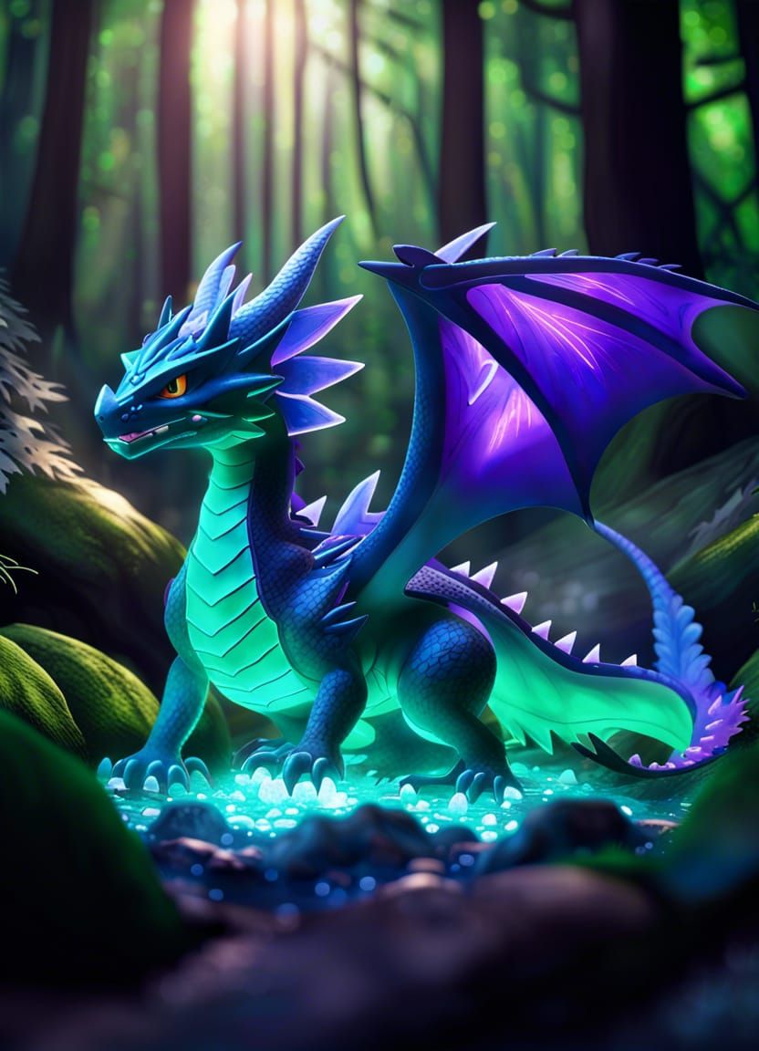 Water Dragon Pokémon in Crystal Forest, Detailed Art
