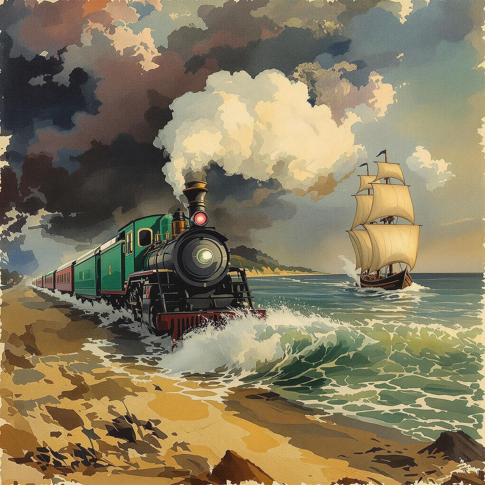Steam Train Races Sailboat: Impressionist Gouache Painting