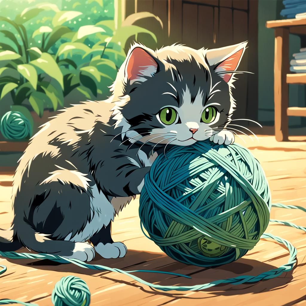 Anime Kitten with Yarn Ball, Ghibli Style
