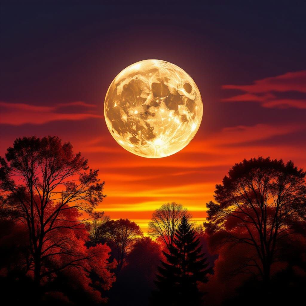 Hyper-Realistic Full Moon Over Autumn Trees at Sunset