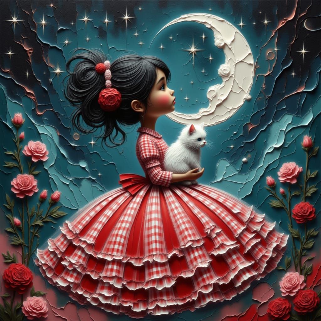 Moonchild in Gingham with Cat Amidst Nebula