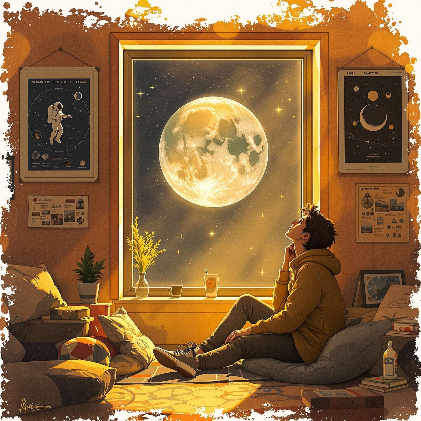 Nostalgic Moon Gaze in Cozy Room, Digital Painting