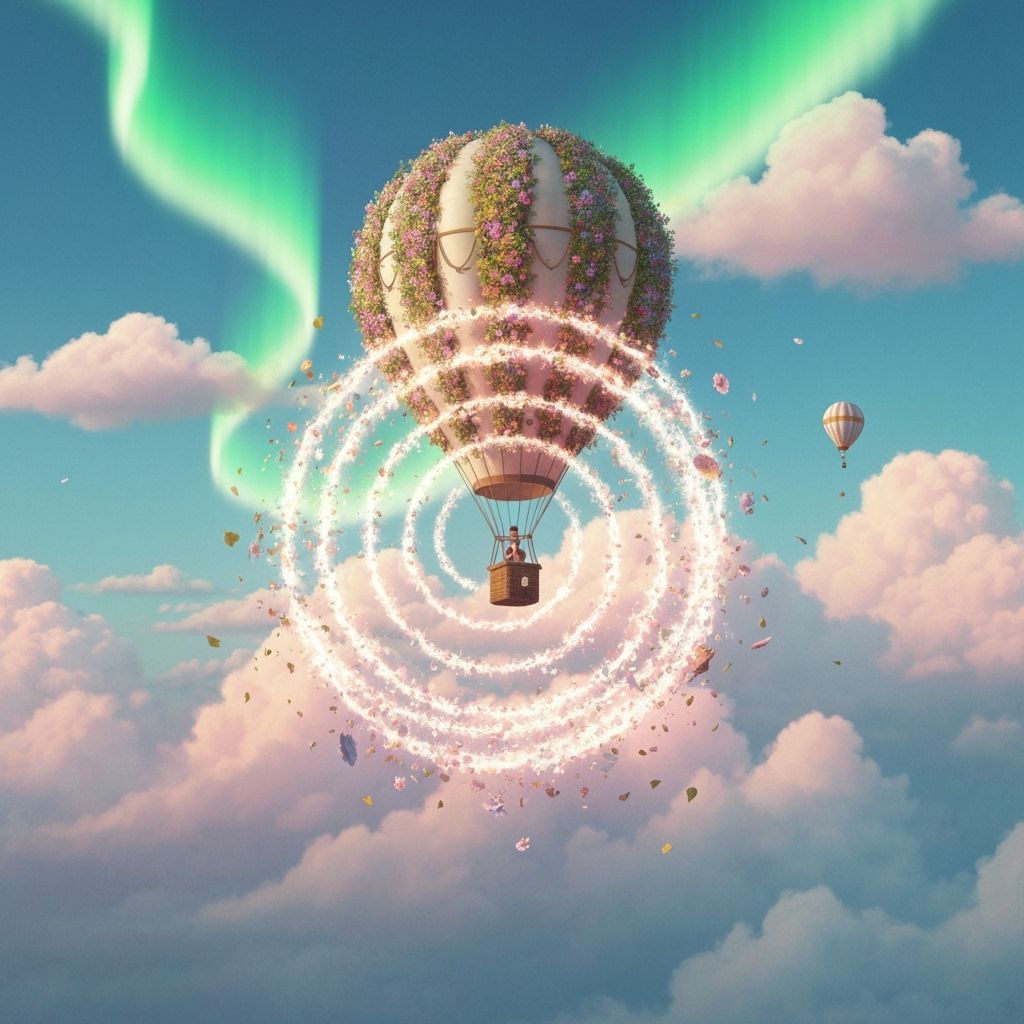 Dreamlike Flower Balloon Floats Through Peaceful Autumn Clou...