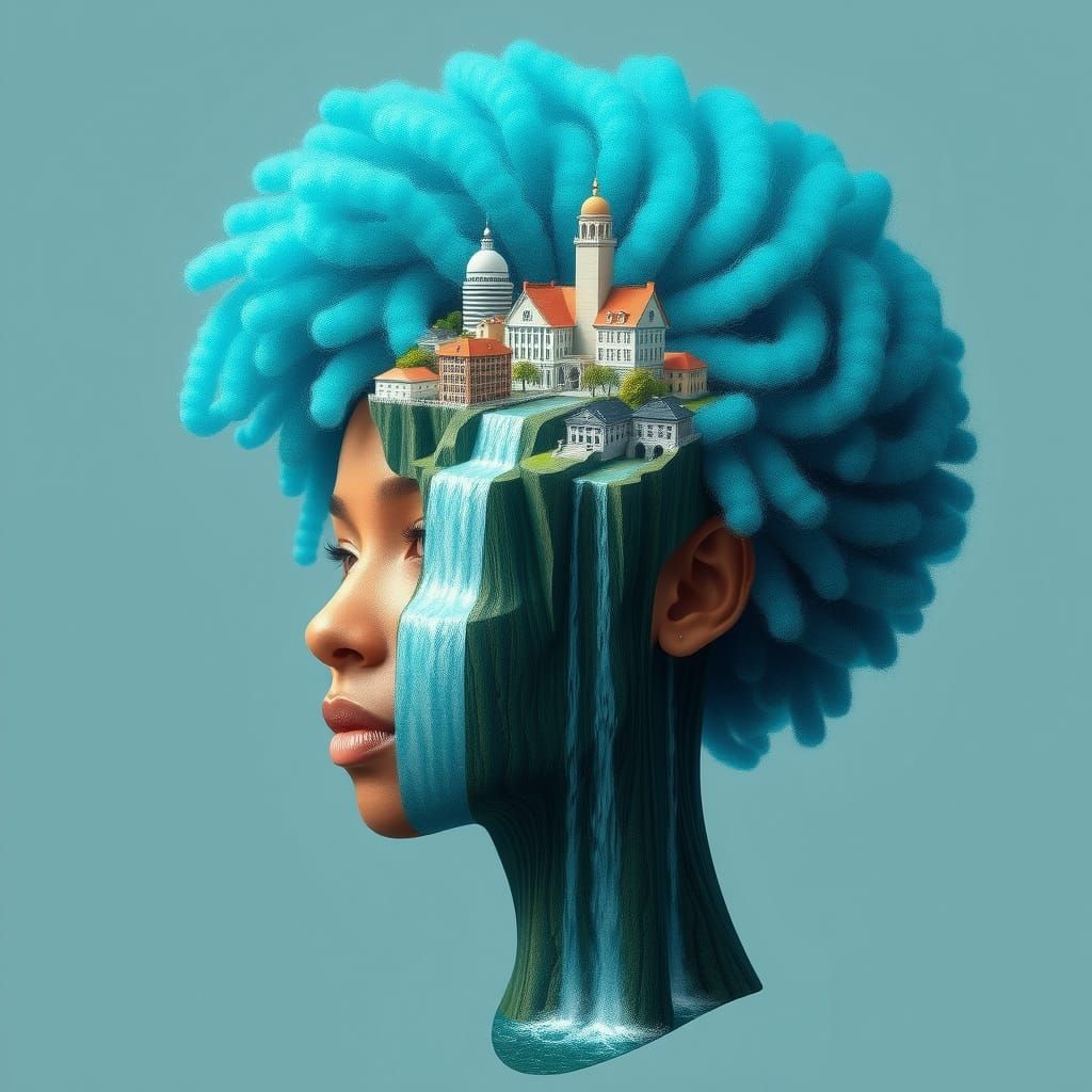 Vibrant Teal Afro Goddess with Waterfalls in a Psychedelic C...