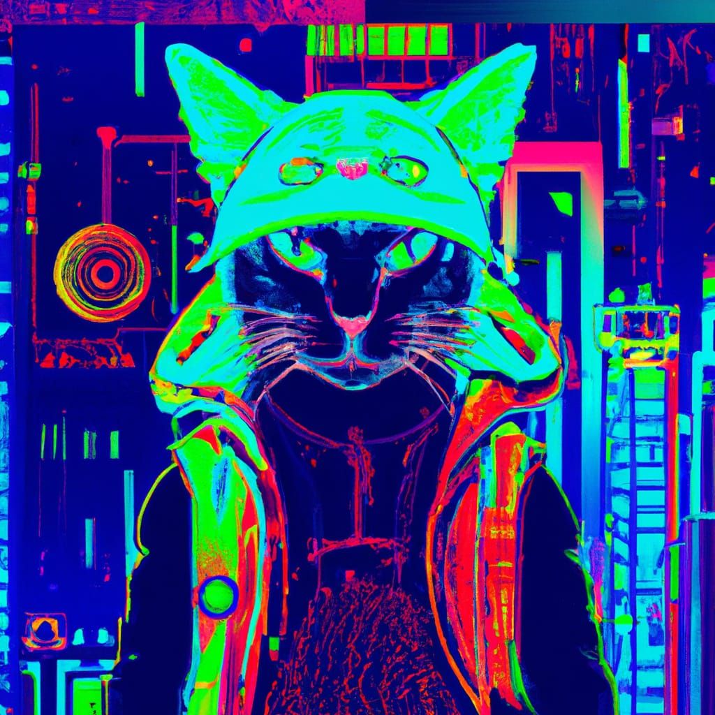 Cyberpunk Cat Robin Hood Neon Poster Art