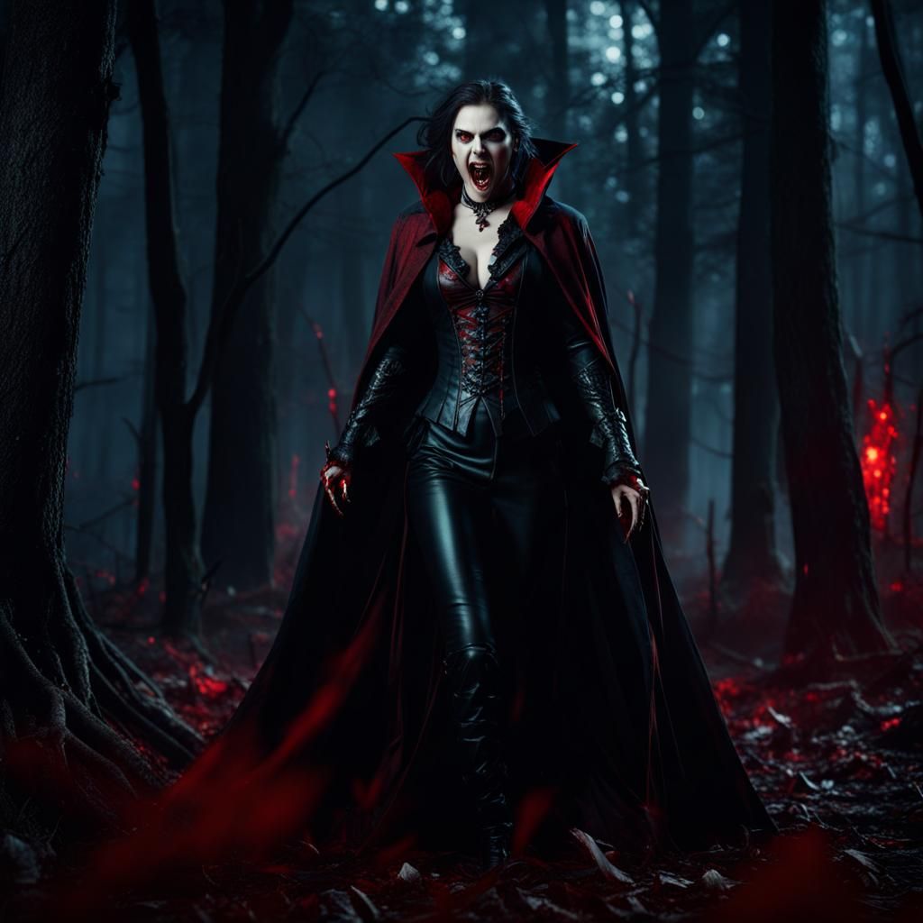 Scary Female Vampire in Dark Woods: Matte Painting