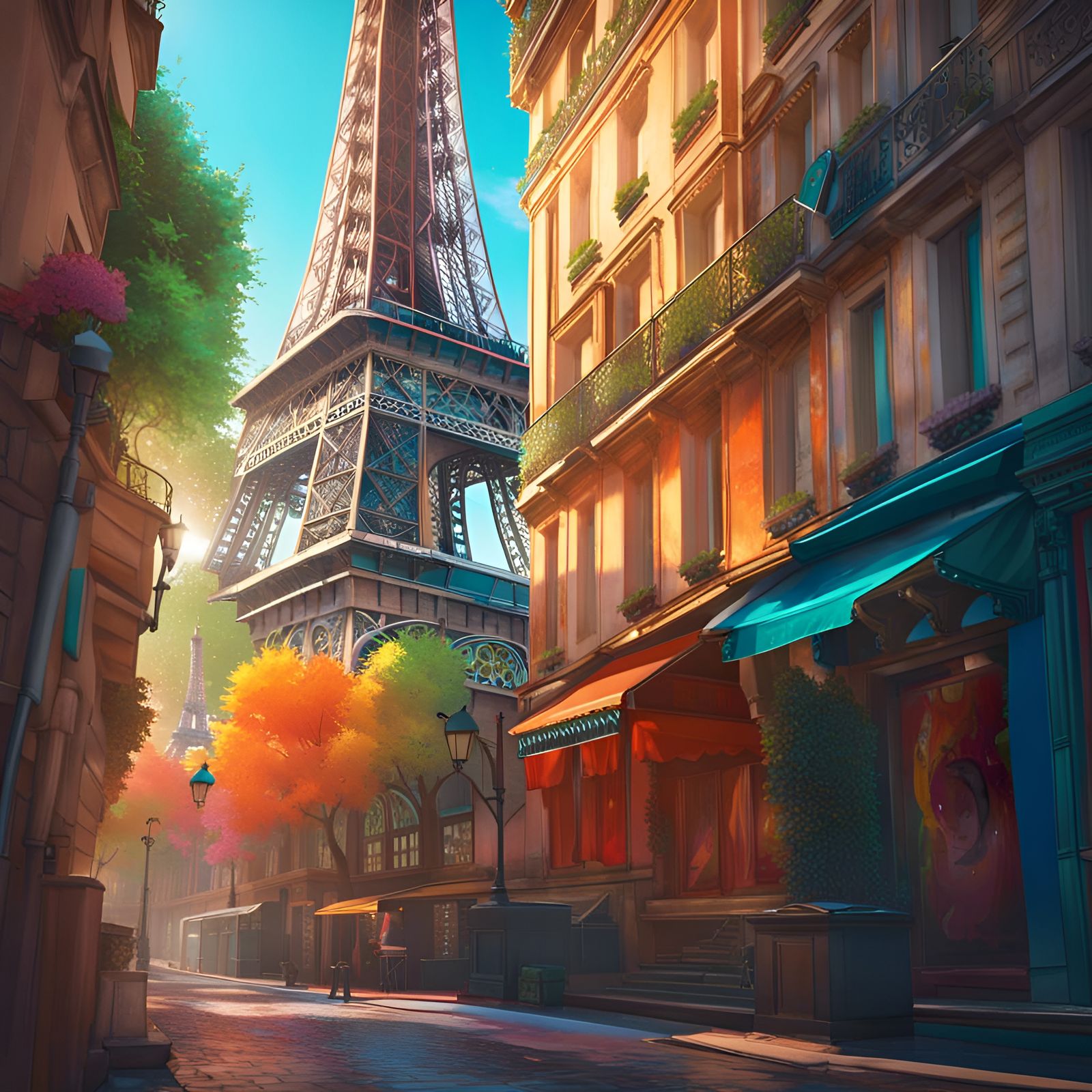 Paris Street Scene with Eiffel Tower, Digital Art